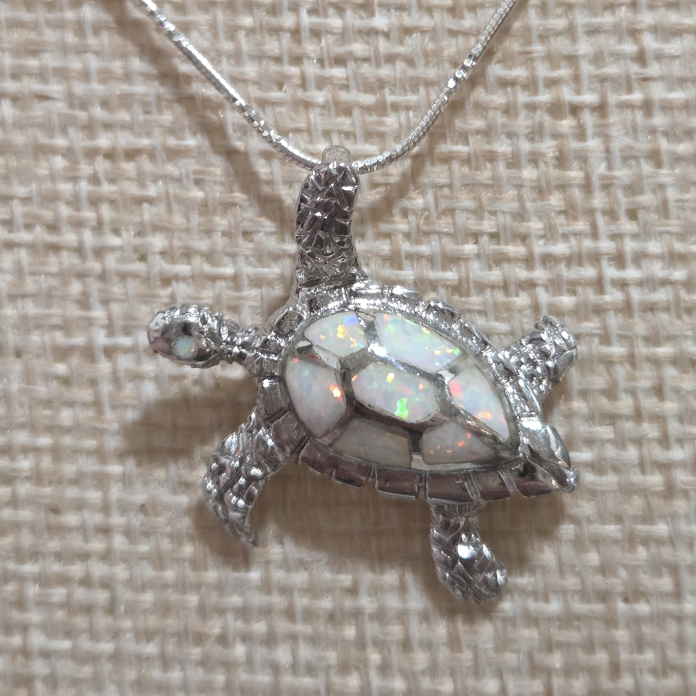 Silver And Opal Inlay Turtle Pendant Necklace